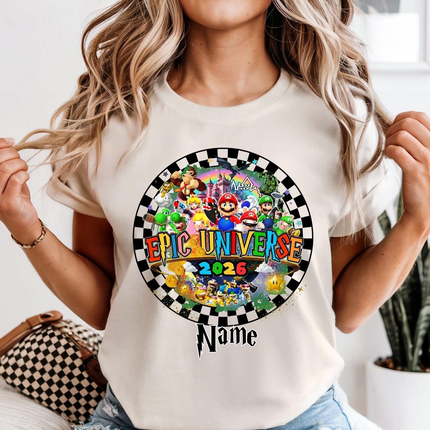 Personalized Epic Universe 2026 Family Trip Shirt Checkered Mario Tee