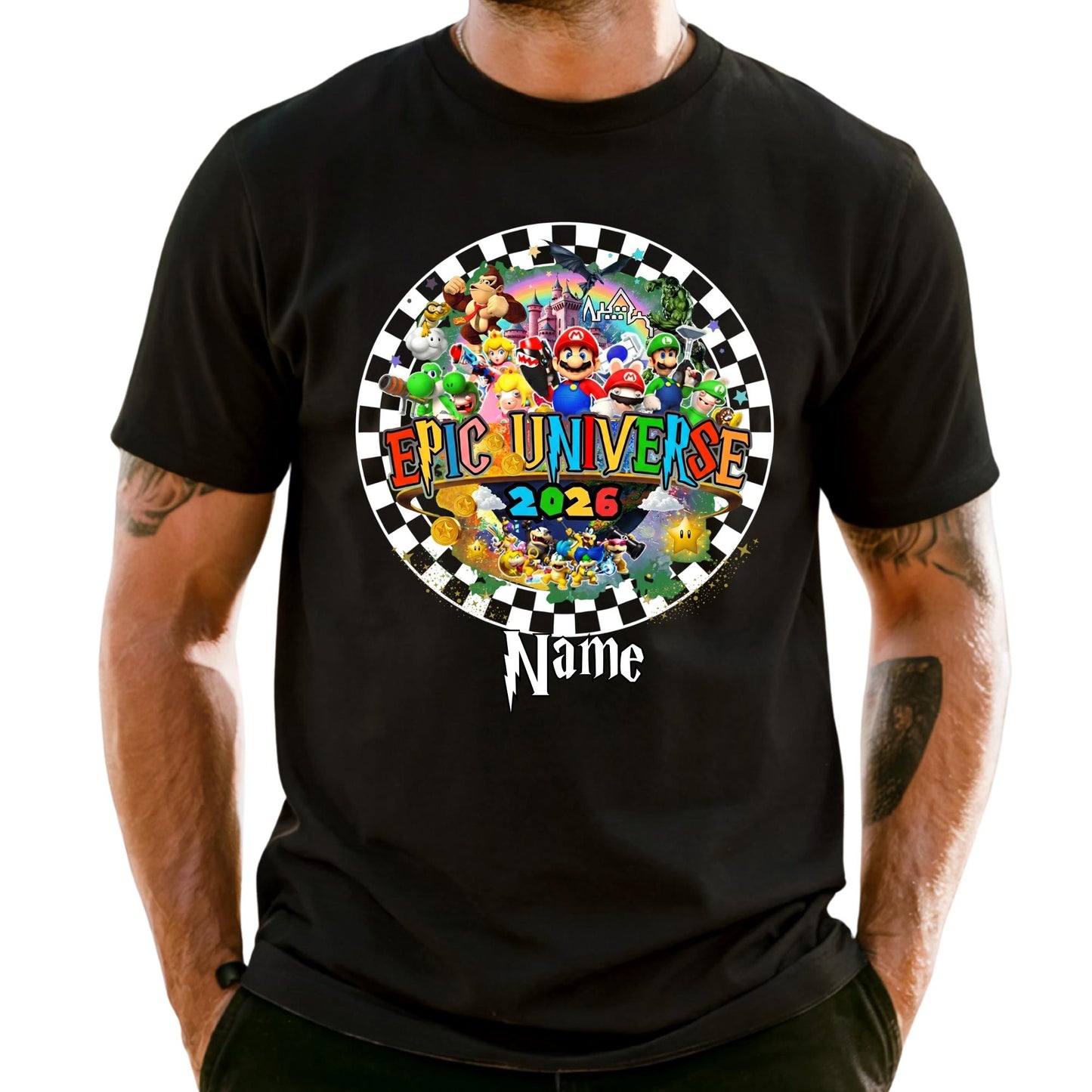 Personalized Epic Universe 2026 Family Trip Shirt Checkered Mario Tee