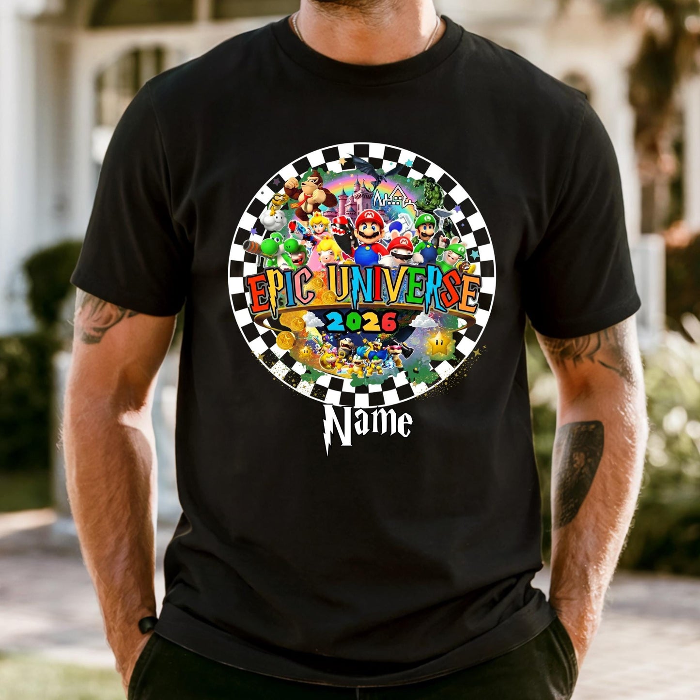 Personalized Epic Universe 2026 Family Trip Shirt Checkered Mario Tee