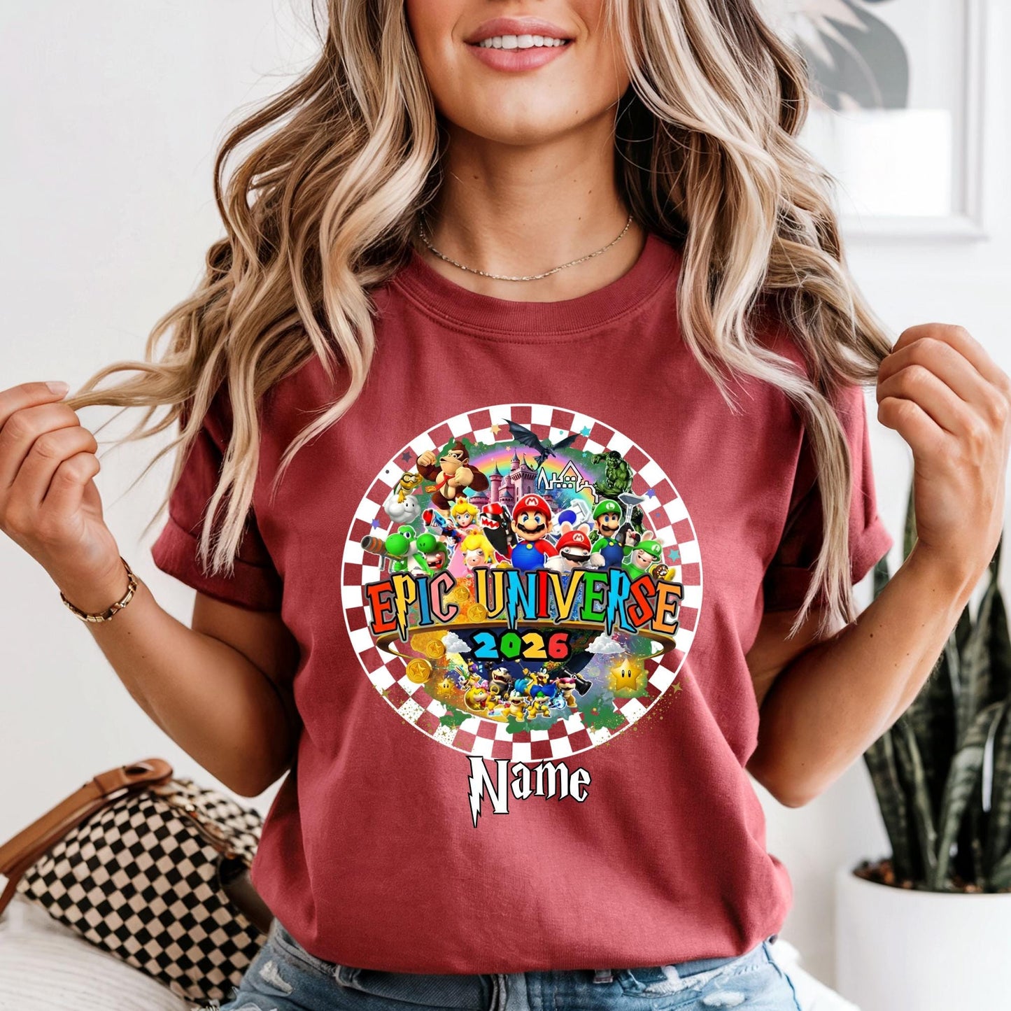 Personalized Epic Universe 2026 Family Trip Shirt Checkered Mario Tee