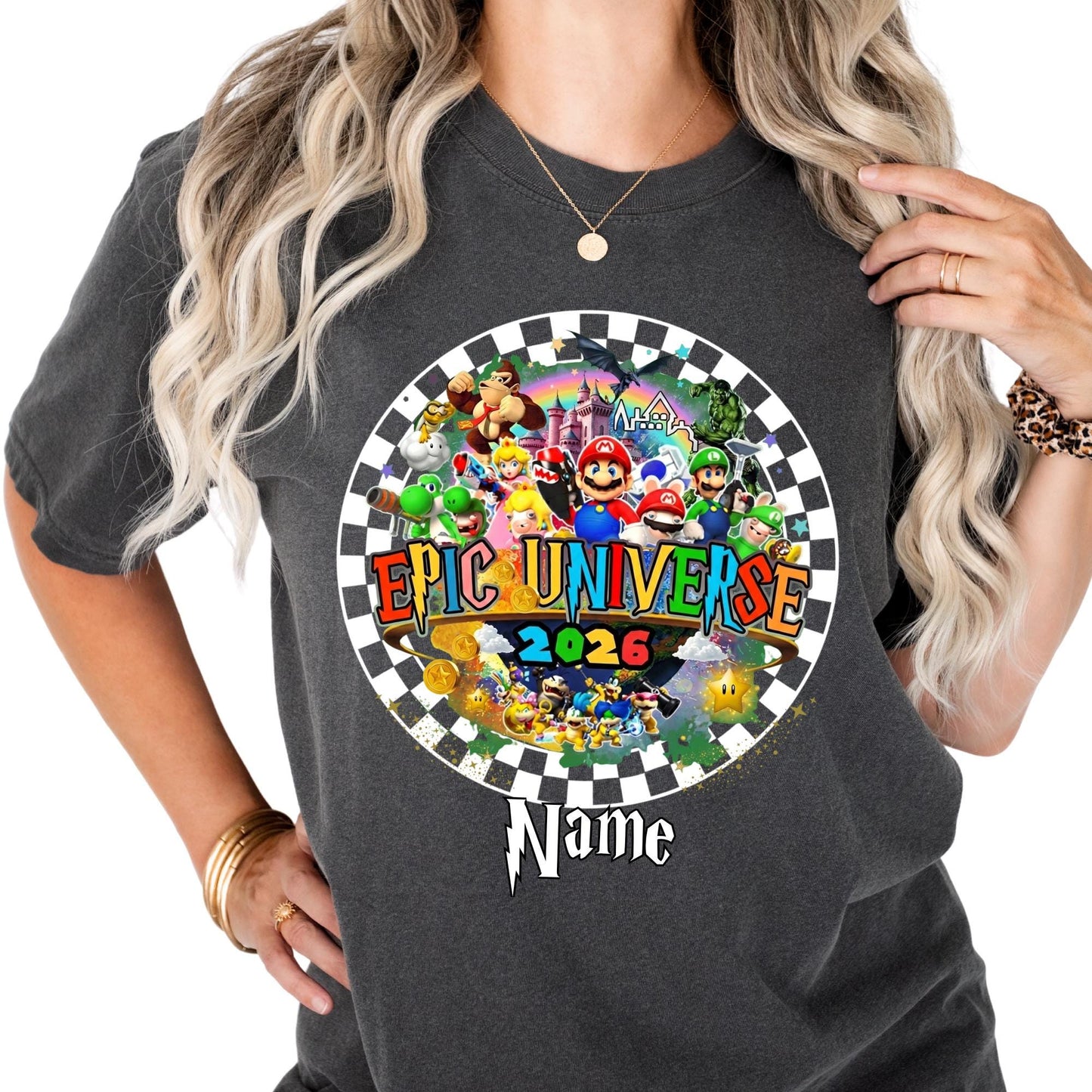 Personalized Epic Universe 2026 Family Trip Shirt Checkered Mario Tee