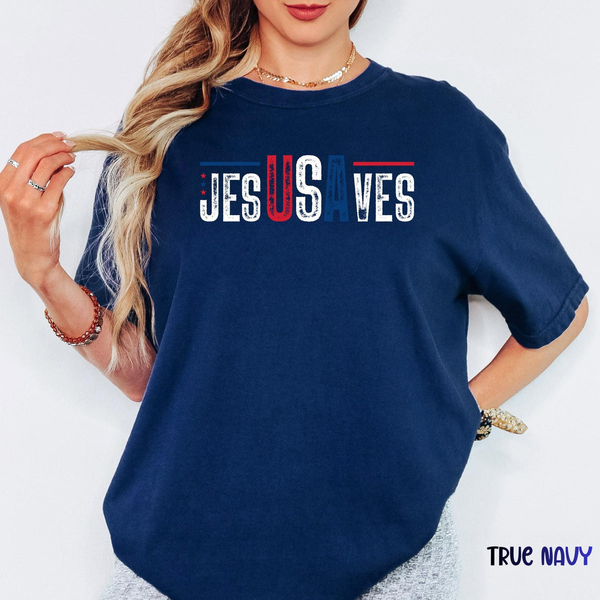 Jesus Saves USA Shirt, JesUSAves Christian Patriotic Tee, Comfort Colors® American Flag Cross T-shirt, 4th of July Religious Gift Tee