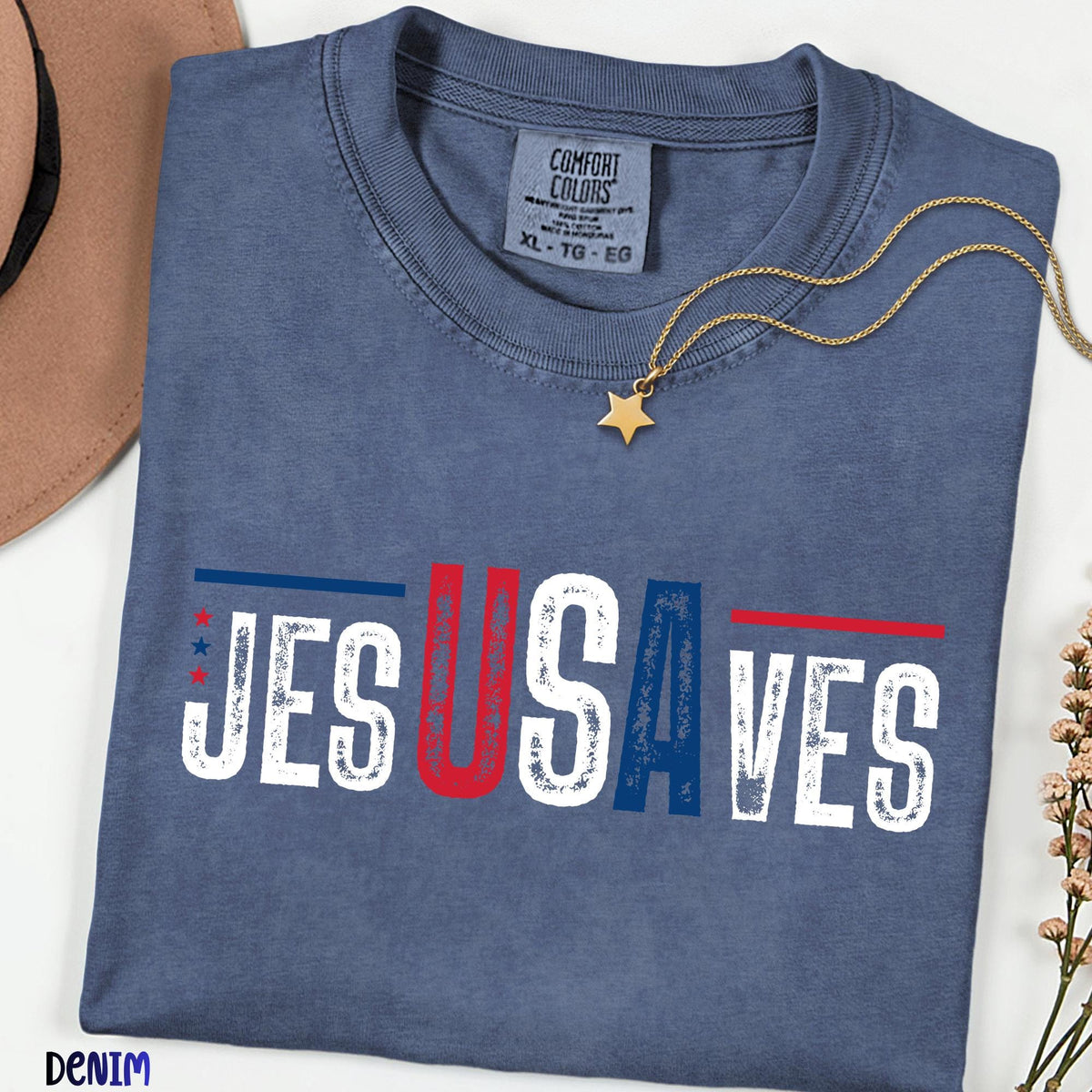 Jesus Saves USA Shirt, JesUSAves Christian Patriotic Tee, Comfort Colors® American Flag Cross T-shirt, 4th of July Religious Gift Tee