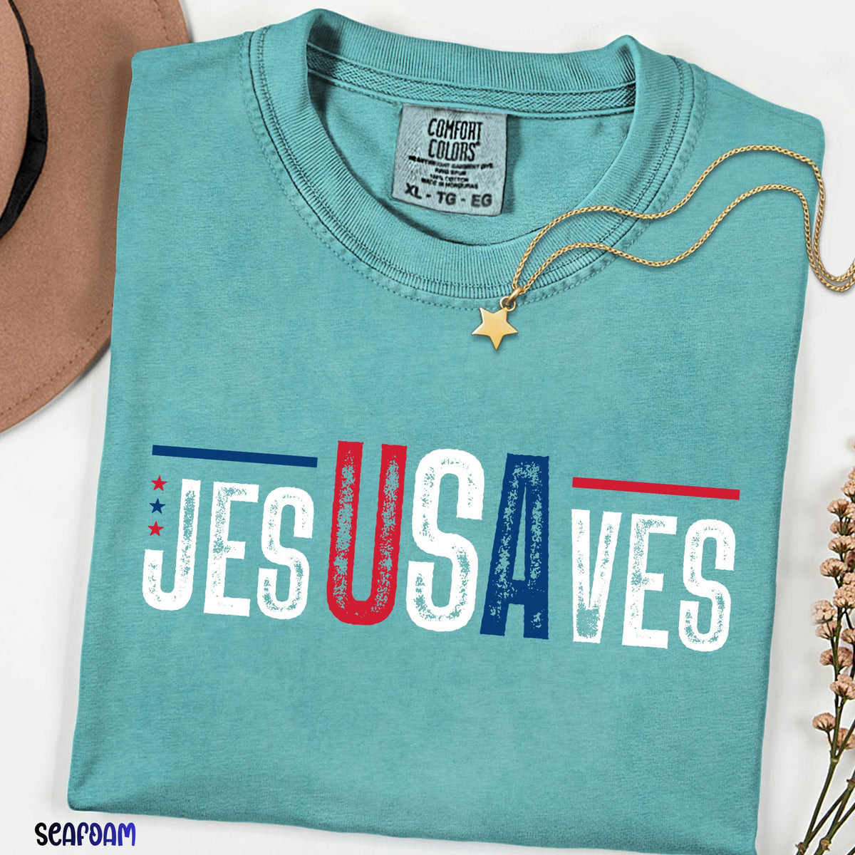 Jesus Saves USA Shirt, JesUSAves Christian Patriotic Tee, Comfort Colors® American Flag Cross T-shirt, 4th of July Religious Gift Tee