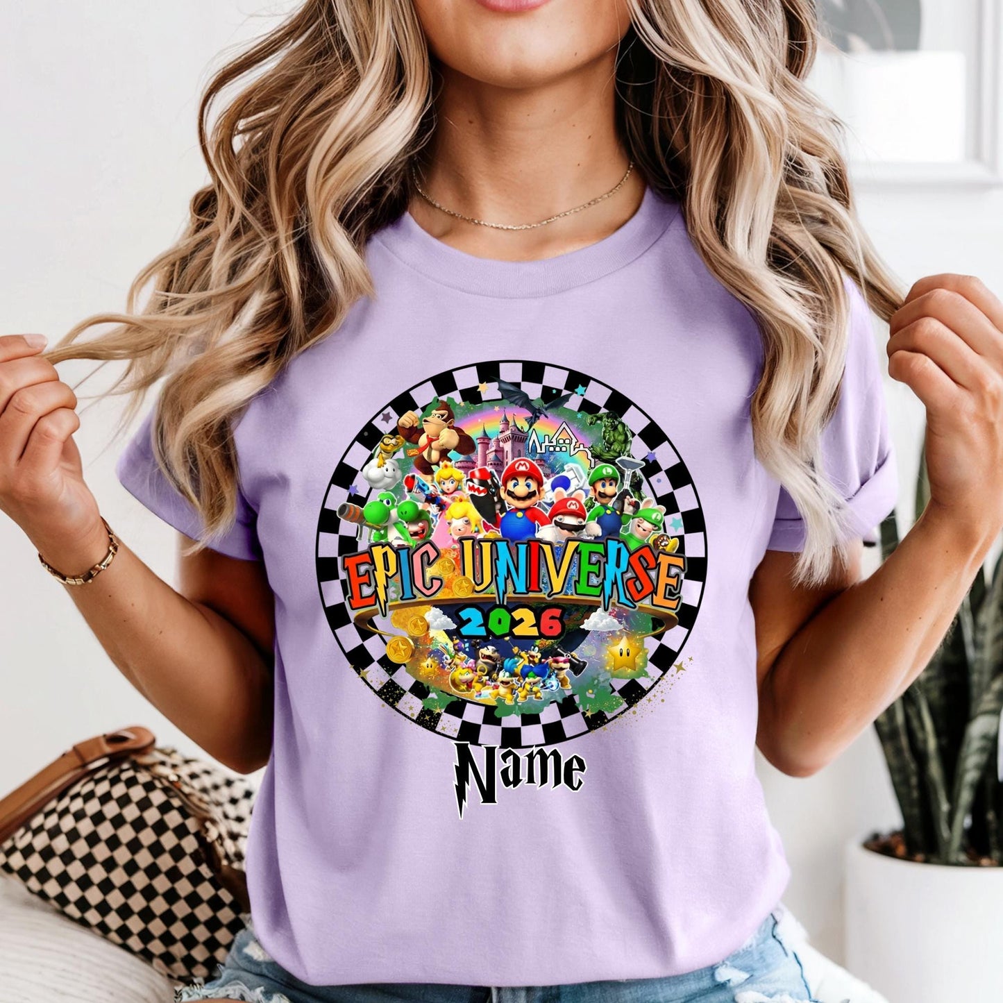 Personalized Epic Universe 2026 Family Trip Shirt Checkered Mario Tee