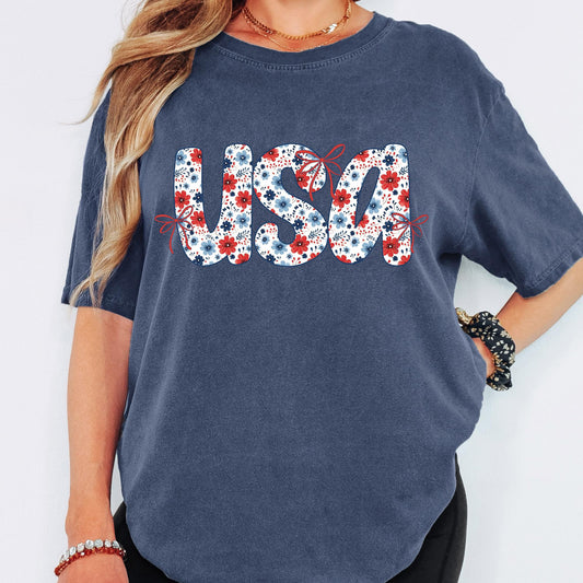 Floral USA Coquette T-Shirt, Bow Patriotic Americana Fourth of July Tee, Trendy 4th of July Shirt, Preppy Women's USA Tee