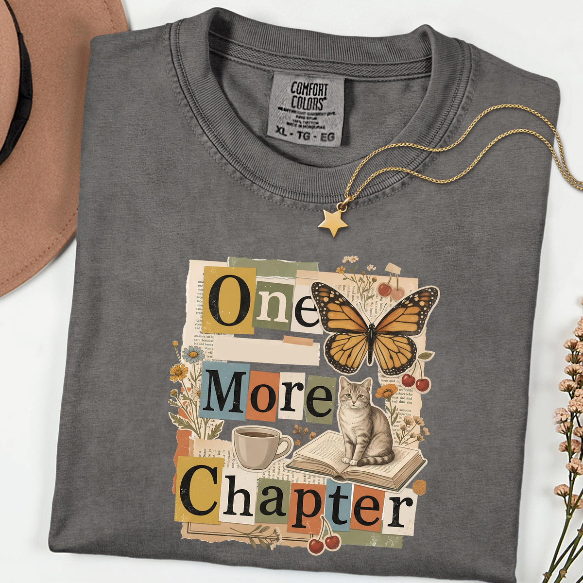 One More Chapter Comfort Colors Shirt, Book Lover Tee, Reading Cat Shirt, Cozy Reader Graphic Tee, Bookish Gift for Her