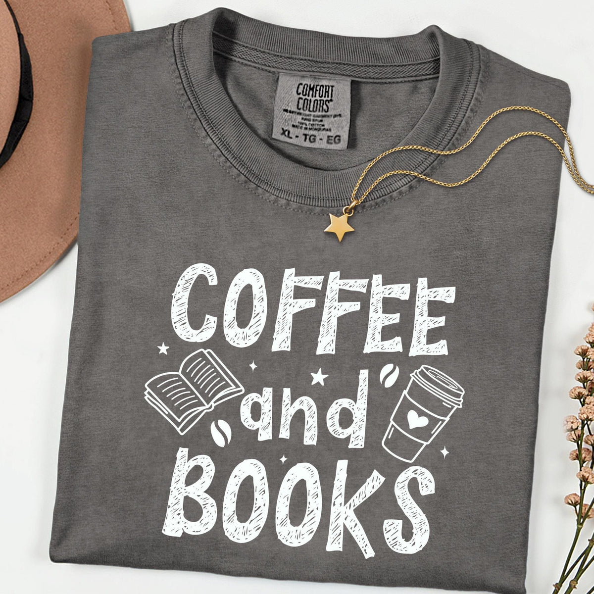 Coffee and Books Comfort Colors® Shirt, Cozy Reader Tee, Retro Book Club Tshirt, Cute Librarian Gift, Bookworm Shirt
