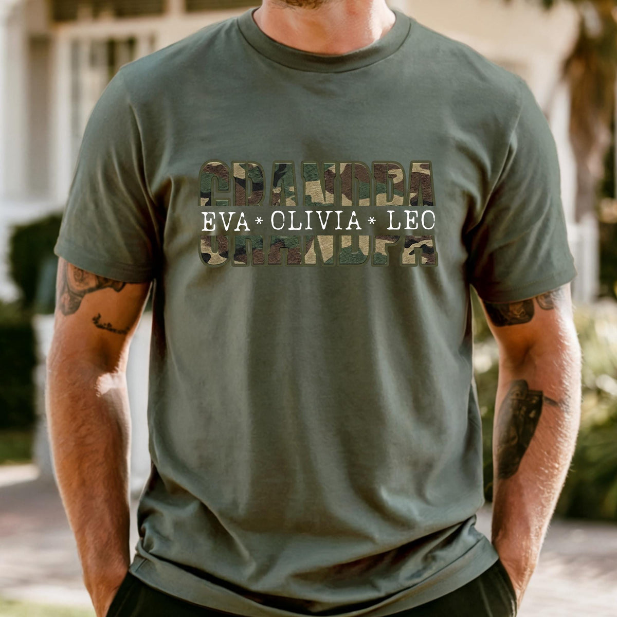 Custom Camo Grandpa Shirt, Personalized Papa Shirt with Grandkids Names, Father’s Day Gift for Grandpa, Camouflage Grandpa Tee
