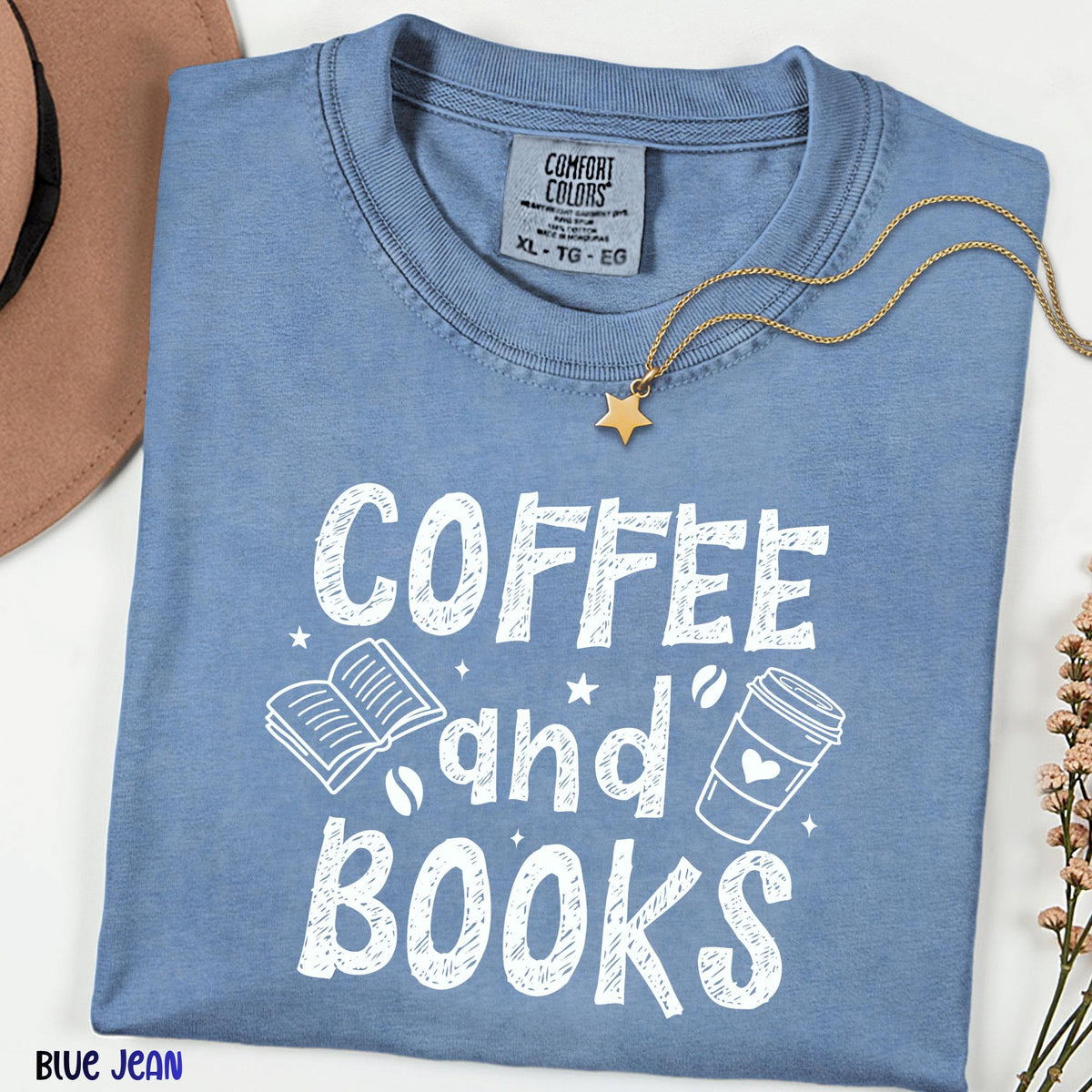 Coffee and Books Comfort Colors® Shirt, Cozy Reader Tee, Retro Book Club Tshirt, Cute Librarian Gift, Bookworm Shirt