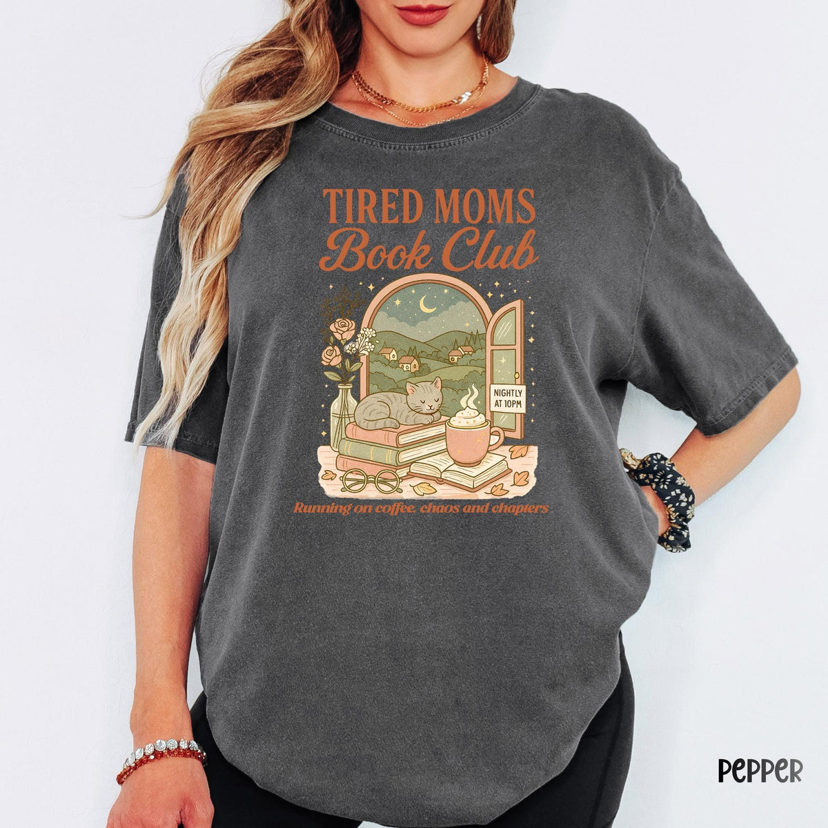 Tired Moms Book Club Comfort Colors Style Shirt, Funny Book Lover Mom Life Tee, Retro Doodle Graphic T-Shirt, Cozy Bookworm Gift for Moms
