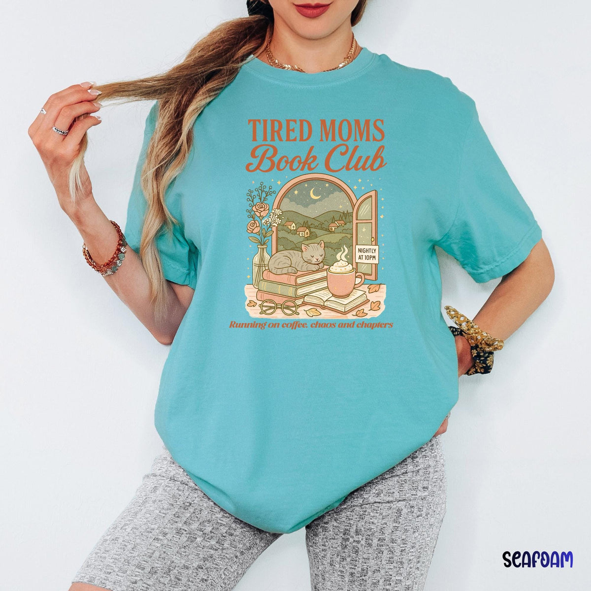 Tired Moms Book Club Comfort Colors Style Shirt, Funny Book Lover Mom Life Tee, Retro Doodle Graphic T-Shirt, Cozy Bookworm Gift for Moms