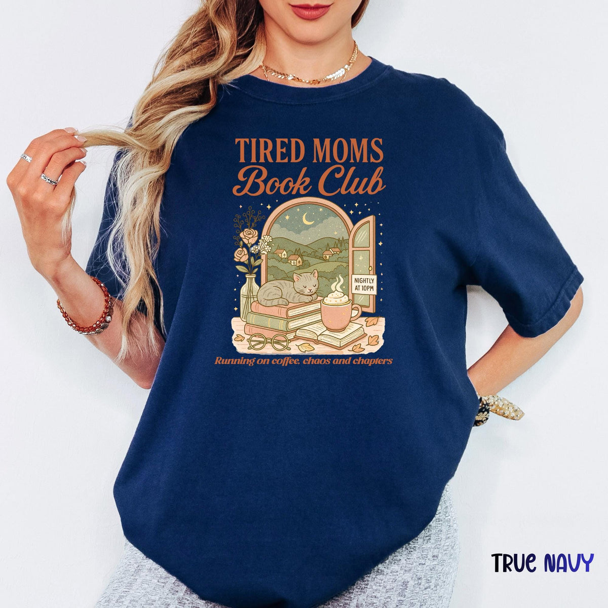 Tired Moms Book Club Comfort Colors Style Shirt, Funny Book Lover Mom Life Tee, Retro Doodle Graphic T-Shirt, Cozy Bookworm Gift for Moms