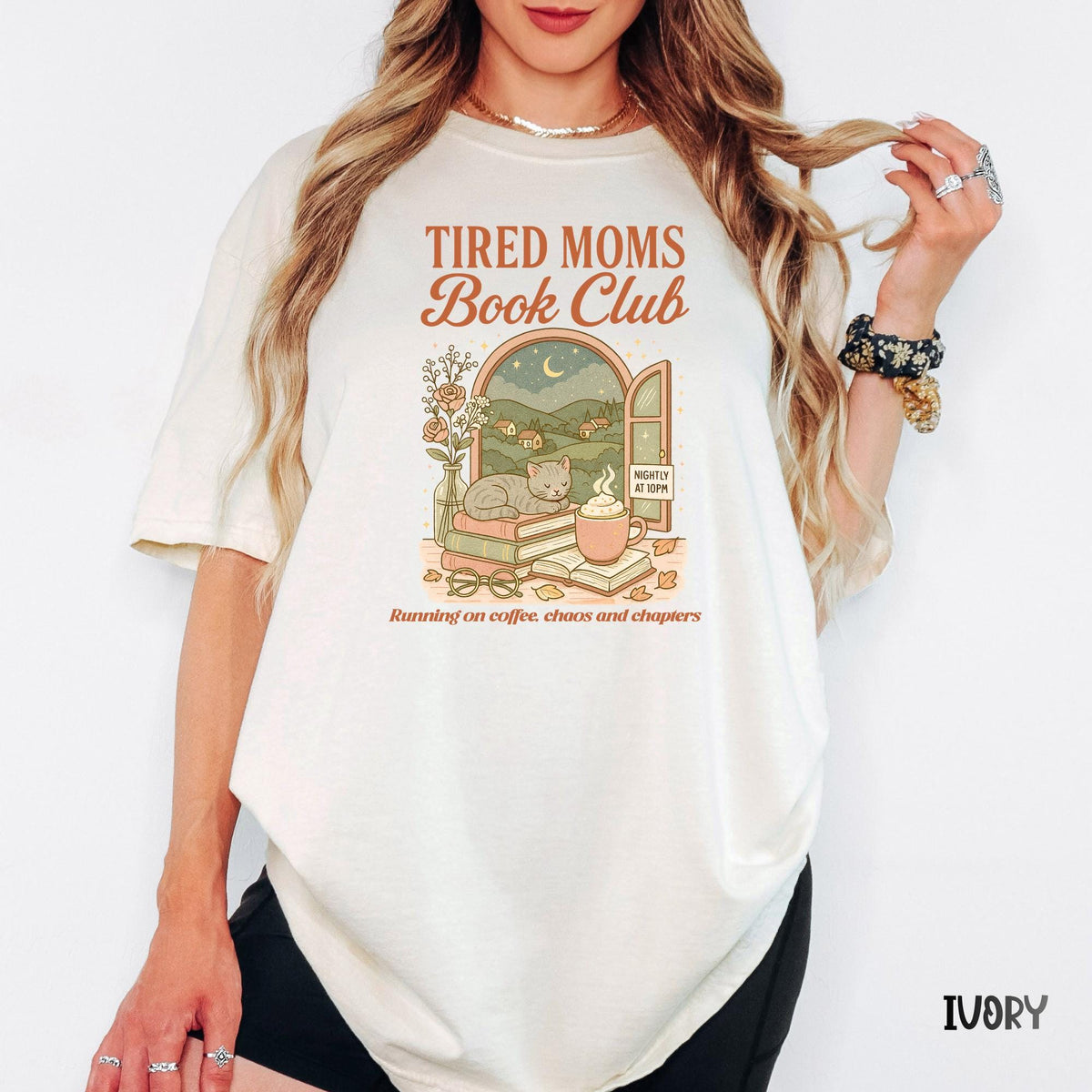 Tired Moms Book Club Comfort Colors Style Shirt, Funny Book Lover Mom Life Tee, Retro Doodle Graphic T-Shirt, Cozy Bookworm Gift for Moms