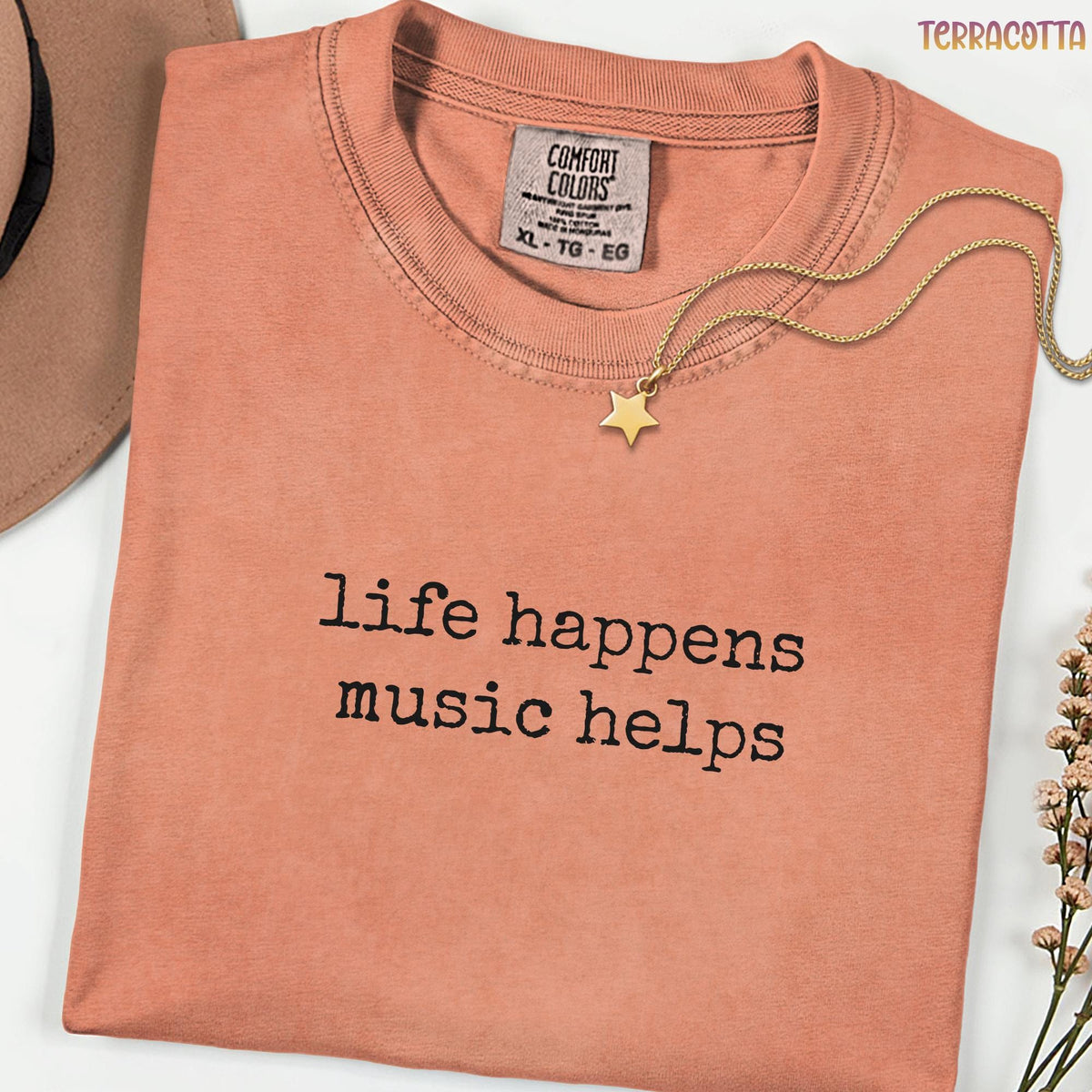 Life Happens Music Helps Comfort Colors Shirt, Minimalist Music Quote Tee, Trendy Concert Vibes TShirt, Gift for Music Lovers & Musicians