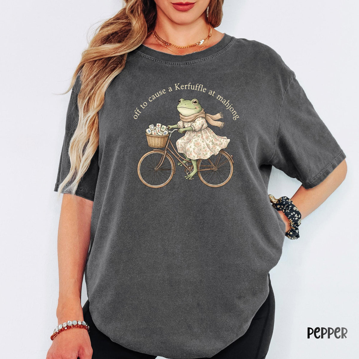 Off To Cause A Kerfuffle At Mahjong Comfort Colors® Shirt, Sarcastic Meme Frog Riding Bike Tee, Mental Health Awareness Gift |