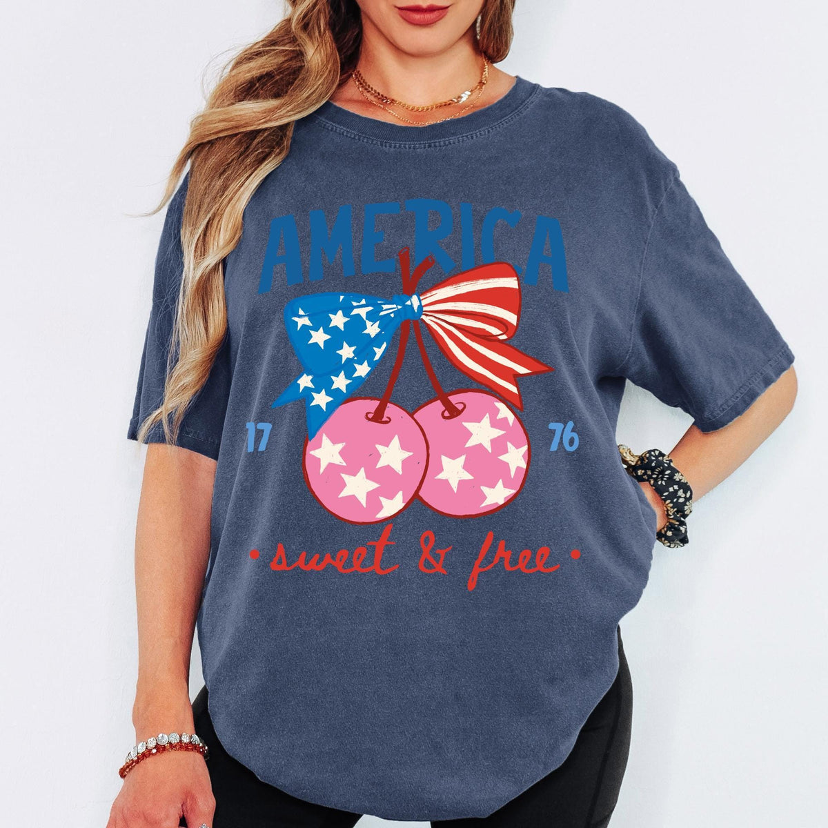 Comfort Colors® America Cherries Bow Shirt 4th of July Gift Shirts, Vintage Patriotic Shirt, Retro Independence Day Tee