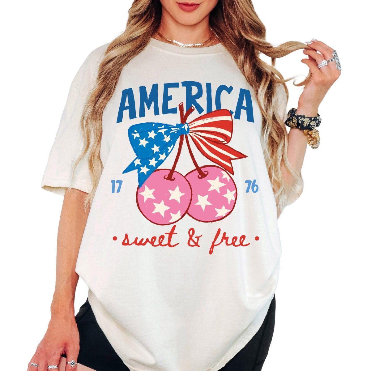Comfort Colors® America Cherries Bow Shirt 4th of July Gift Shirts, Vintage Patriotic Shirt, Retro Independence Day Tee