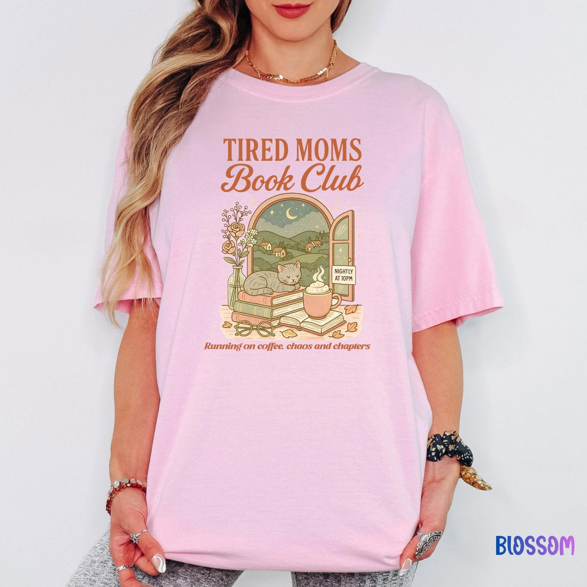 Tired Moms Book Club Comfort Colors Style Shirt, Funny Book Lover Mom Life Tee, Retro Doodle Graphic T-Shirt, Cozy Bookworm Gift for Moms