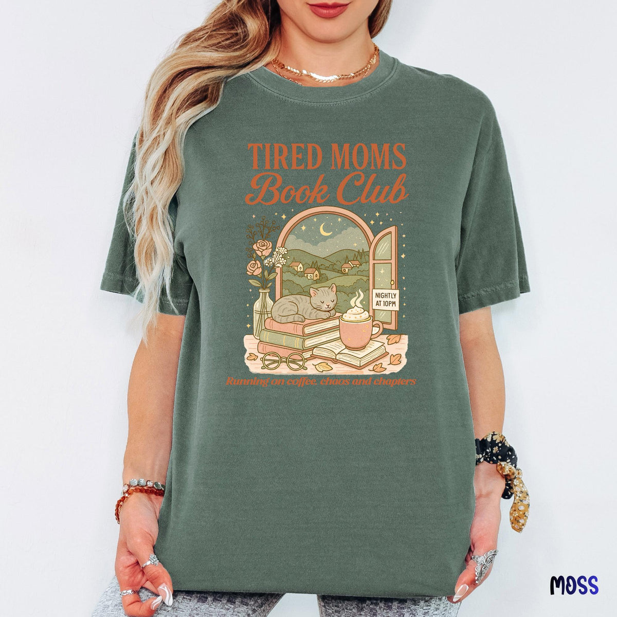 Tired Moms Book Club Comfort Colors Style Shirt, Funny Book Lover Mom Life Tee, Retro Doodle Graphic T-Shirt, Cozy Bookworm Gift for Moms