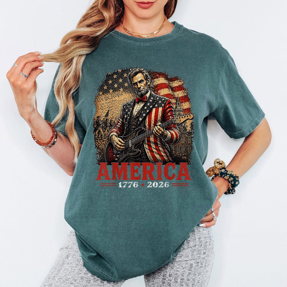 America 250th Anniversary Shirt, Patriotic Lincoln Guitar Tee, America 1776 2026 Shirt, Fourth of July Vintage USA Tee