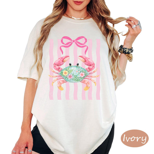 Comfort Colors® Pink Bow Crabby Shirt, Vintage Stripe Tee, Funny Beach Graphic Tee, Coastal Vacation T Shirt, Summer Ocean Lover Gift Top