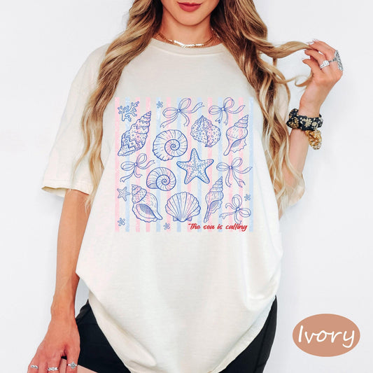 Comfort Colors® The Sea Is Calling Shirt, Retro Coastal Tshirt, Funny Beach Tee, Summer Graphic Tee