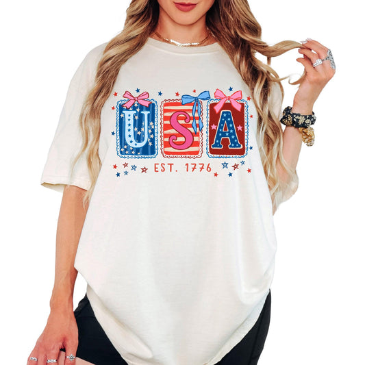 Comfort Colors® USA Bow Shirt 4th of July Gift Shirts, Vintage Patriotic Shirt, Retro Independence Day Tee