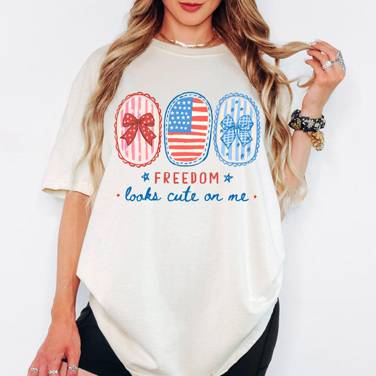 Comfort Colors® Freedom Looks Cute On Me Shirt 4th of July Gift Shirts, Coquette Patriotic Shirt, 250th Anniversary Retro Independence Tee