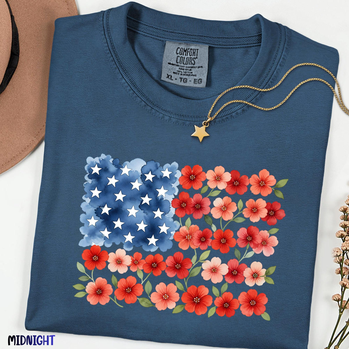 Floral USA Flag Comfort Colors® Shirt, Patriotic Wildflower Tee, Watercolor American Flower Shirt, July 4th Graphic Tee, Red Poppy Flag Top