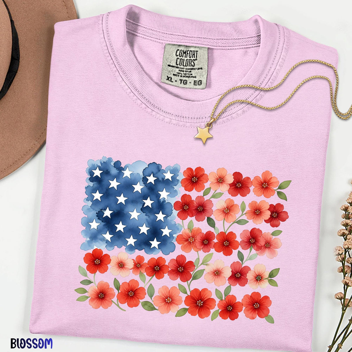 Floral USA Flag Comfort Colors® Shirt, Patriotic Wildflower Tee, Watercolor American Flower Shirt, July 4th Graphic Tee, Red Poppy Flag Top
