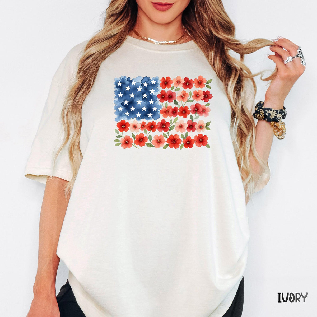 Floral USA Flag Comfort Colors® Shirt, Patriotic Wildflower Tee, Watercolor American Flower Shirt, July 4th Graphic Tee, Red Poppy Flag Top