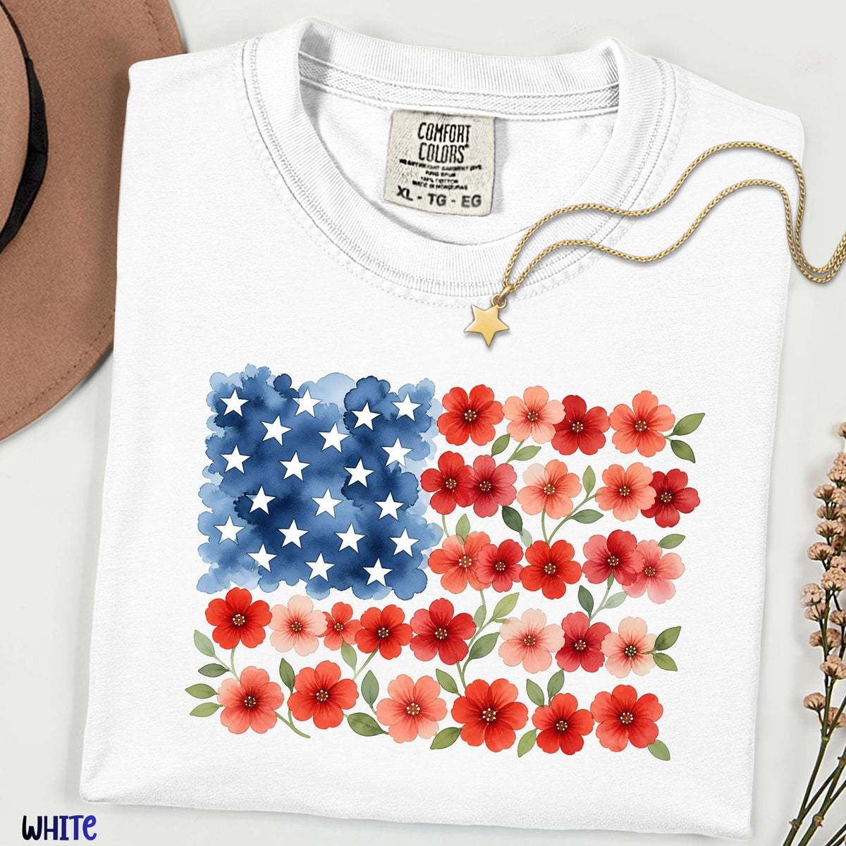 Floral USA Flag Comfort Colors® Shirt, Patriotic Wildflower Tee, Watercolor American Flower Shirt, July 4th Graphic Tee, Red Poppy Flag Top