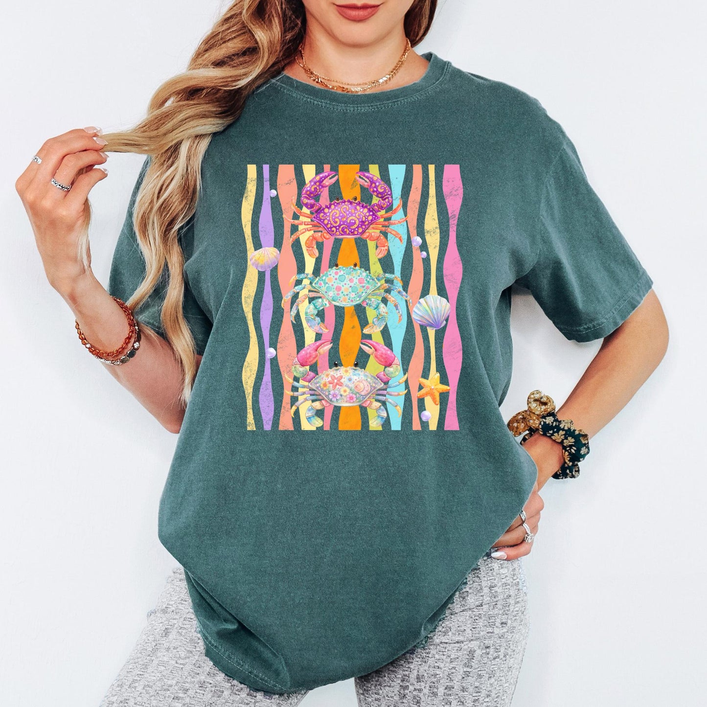 Comfort Colors® Crabby Shirt, Stripe Crab Tee, Funny Beach Graphic Tee, Coastal Vacation T Shirt, Summer Ocean Lover Gift Top