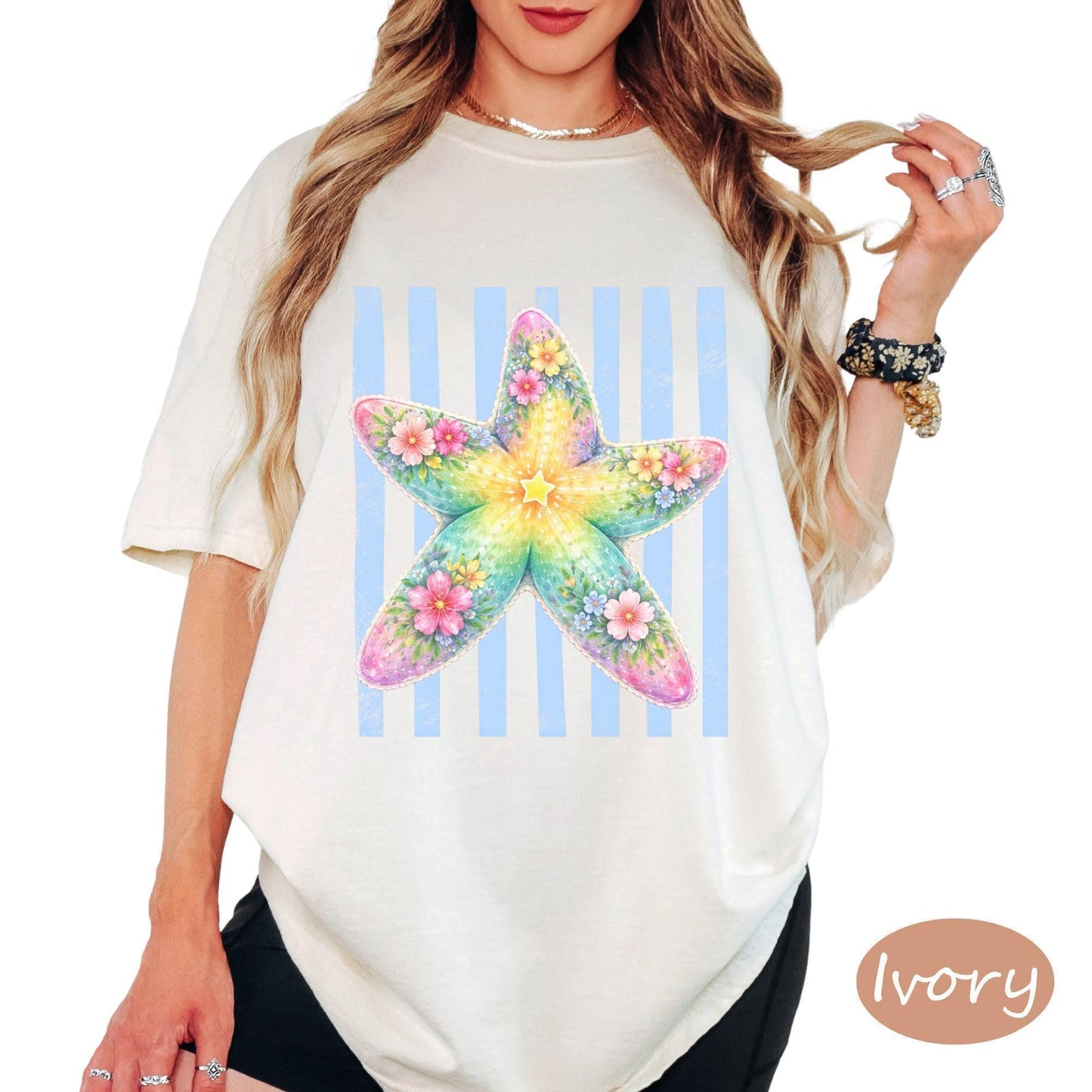 Comfort Colors® Summer Starfish Shirt, Vintage Stripe Tee, Funny Beach Graphic Tee, Coastal Vacation T Shirt, Summer Ocean Lover Gift Top