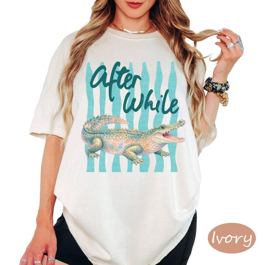 Comfort Colors® After While Crocodile Shirt, Vintage Stripe Tee, Funny Beach Graphic Tee, Coastal Vacation T Shirt, Summer Ocean Lover Gift