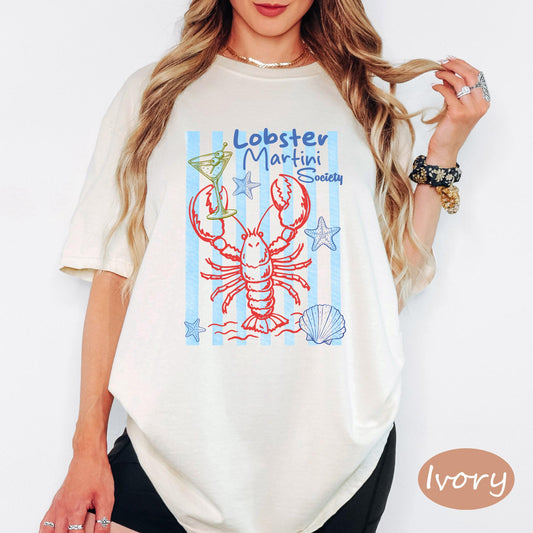 Comfort Colors® Lobster Martini Society Shirt, Retro Coastal Tshirt, Funny Beach Tee, Summer Graphic Tee