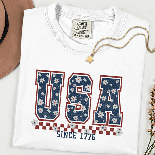 Comfort Colors® USA Since 1776 Shirt 4th of July Gift Shirts, Floral Patriotic Shirt, 250th Anniversary Retro Independence Day Tee