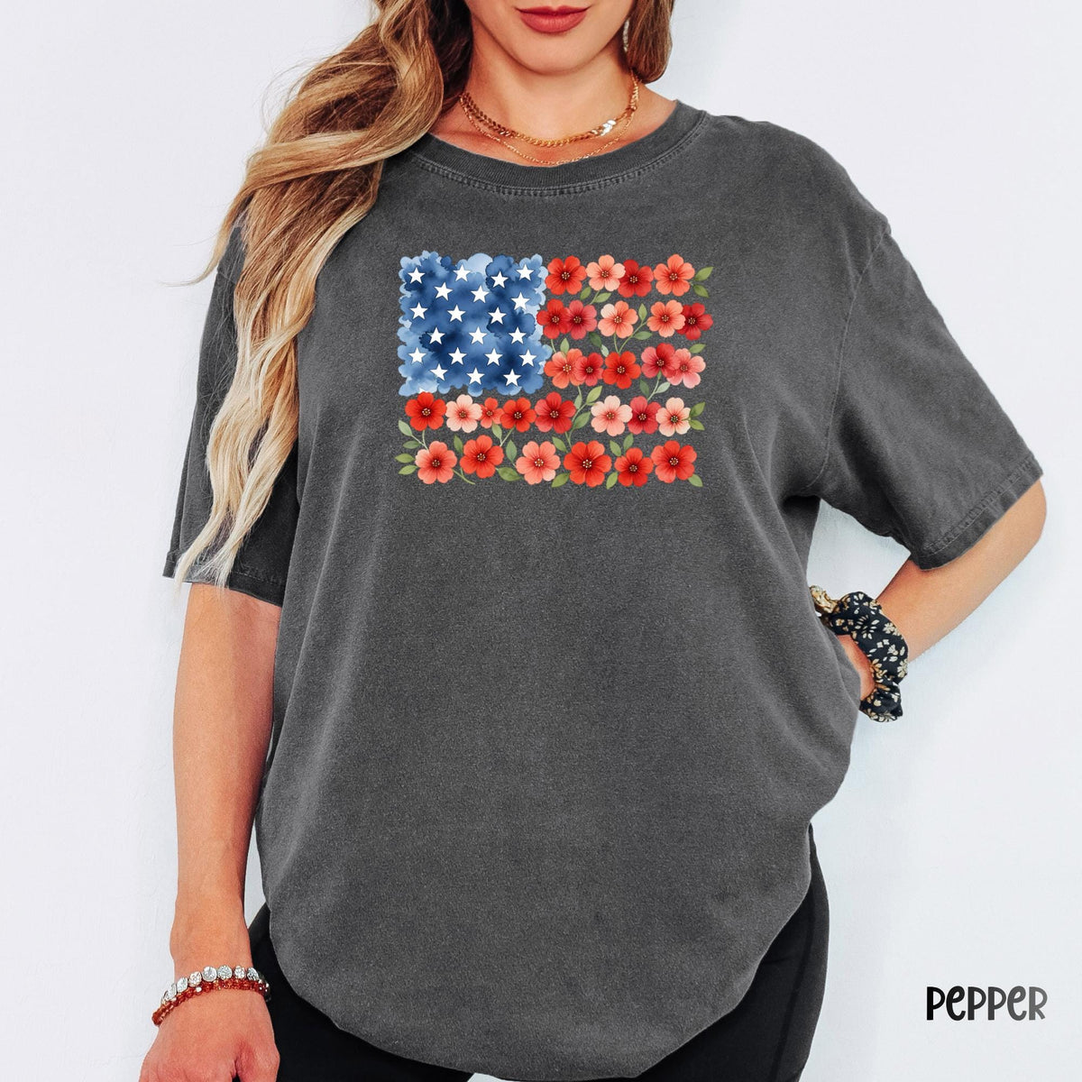 Floral USA Flag Comfort Colors® Shirt, Patriotic Wildflower Tee, Watercolor American Flower Shirt, July 4th Graphic Tee, Red Poppy Flag Top