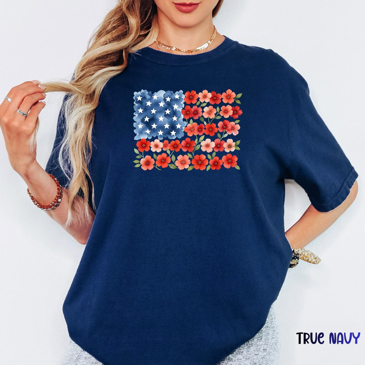 Floral USA Flag Comfort Colors® Shirt, Patriotic Wildflower Tee, Watercolor American Flower Shirt, July 4th Graphic Tee, Red Poppy Flag Top