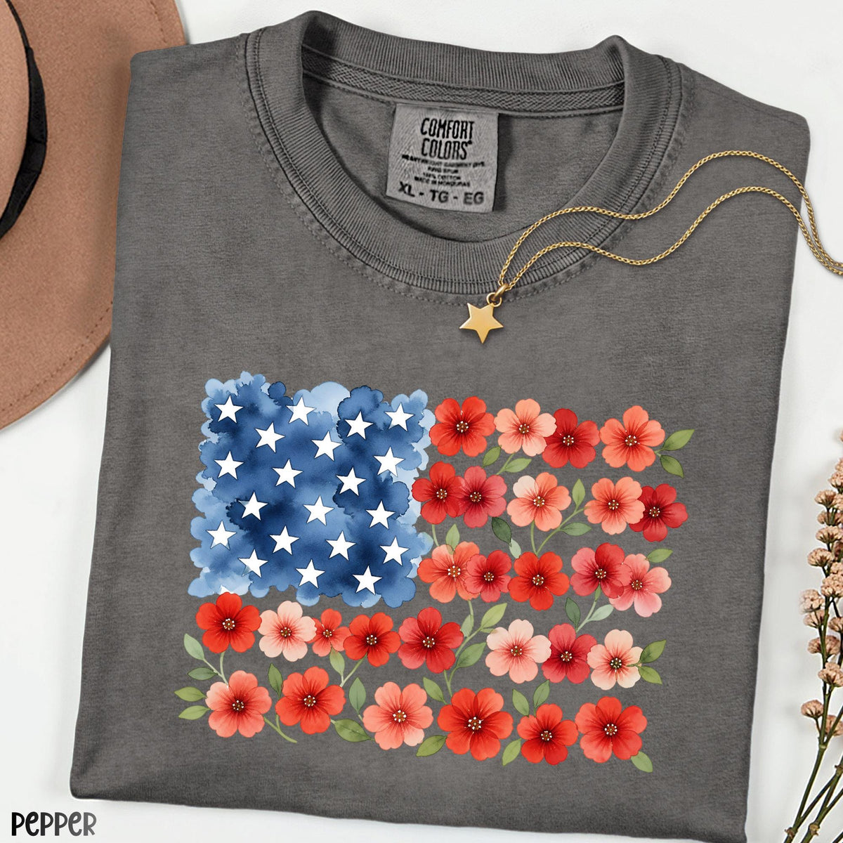 Floral USA Flag Comfort Colors® Shirt, Patriotic Wildflower Tee, Watercolor American Flower Shirt, July 4th Graphic Tee, Red Poppy Flag Top