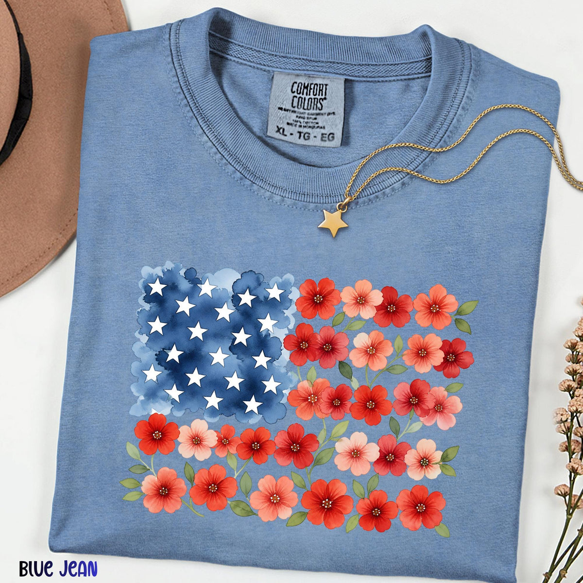 Floral USA Flag Comfort Colors® Shirt, Patriotic Wildflower Tee, Watercolor American Flower Shirt, July 4th Graphic Tee, Red Poppy Flag Top