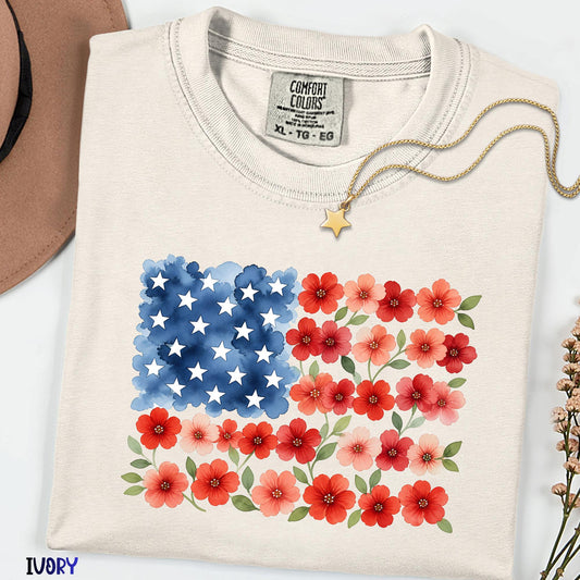 Floral USA Flag Comfort Colors® Shirt, Patriotic Wildflower Tee, Watercolor American Flower Shirt, July 4th Graphic Tee, Red Poppy Flag Top