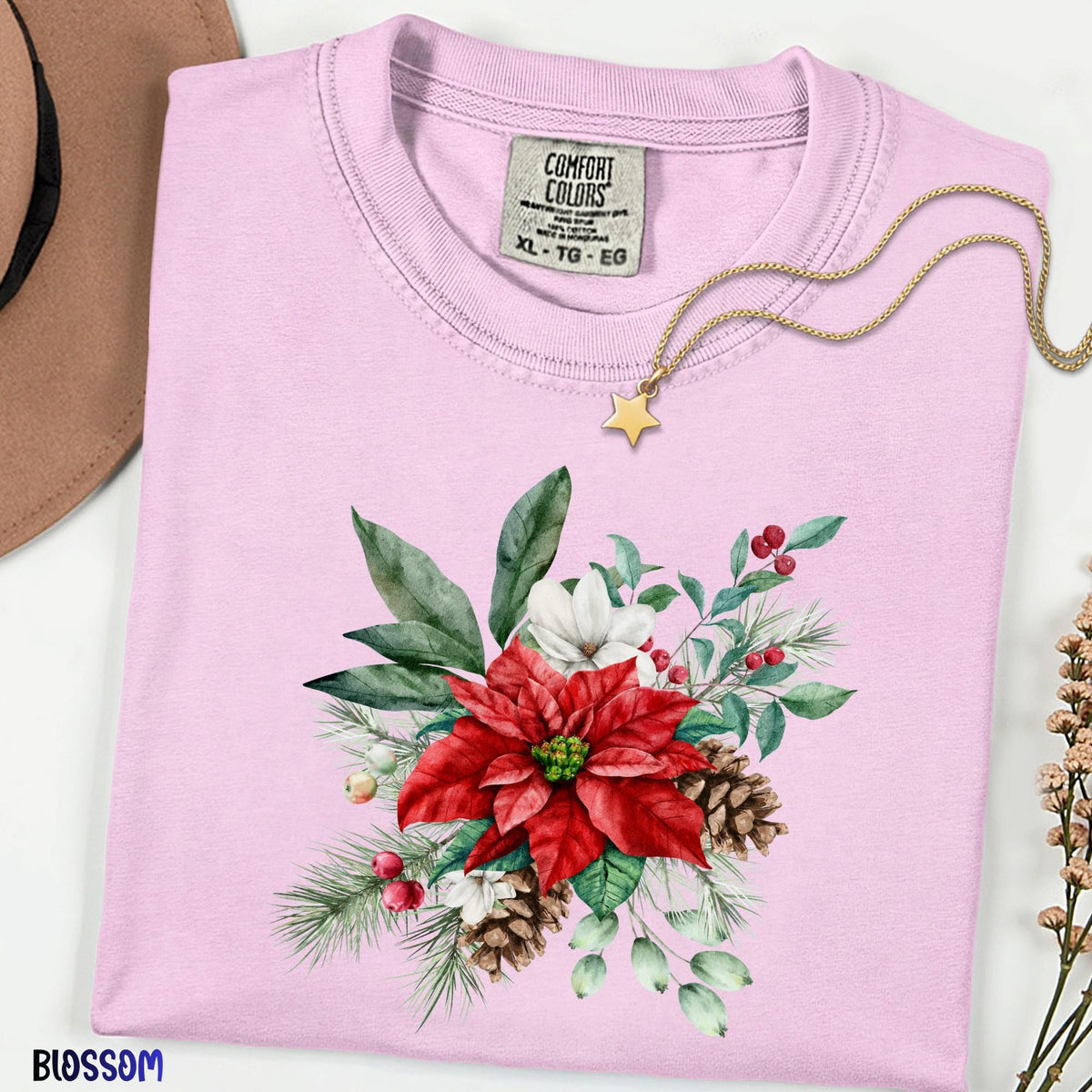 Christmas Floral Comfort Colors® Shirt, Family Christmas Shirt, Vintage Botanical Tee, Unisex Holiday Shirt, Christmas Gift for Women