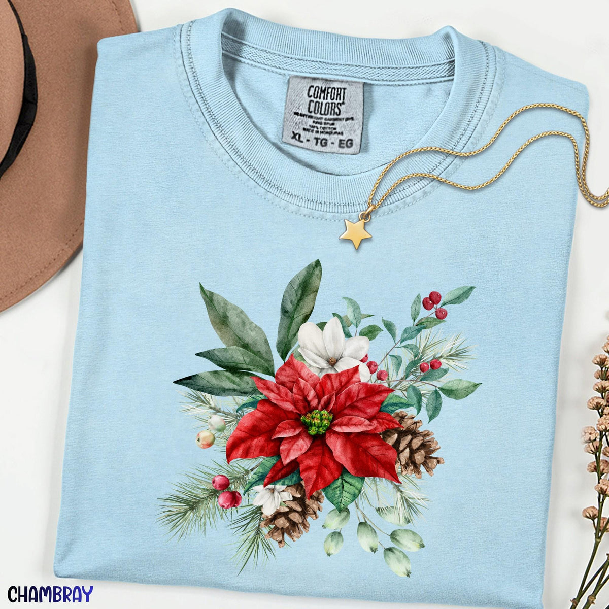 Christmas Floral Comfort Colors® Shirt, Family Christmas Shirt, Vintage Botanical Tee, Unisex Holiday Shirt, Christmas Gift for Women