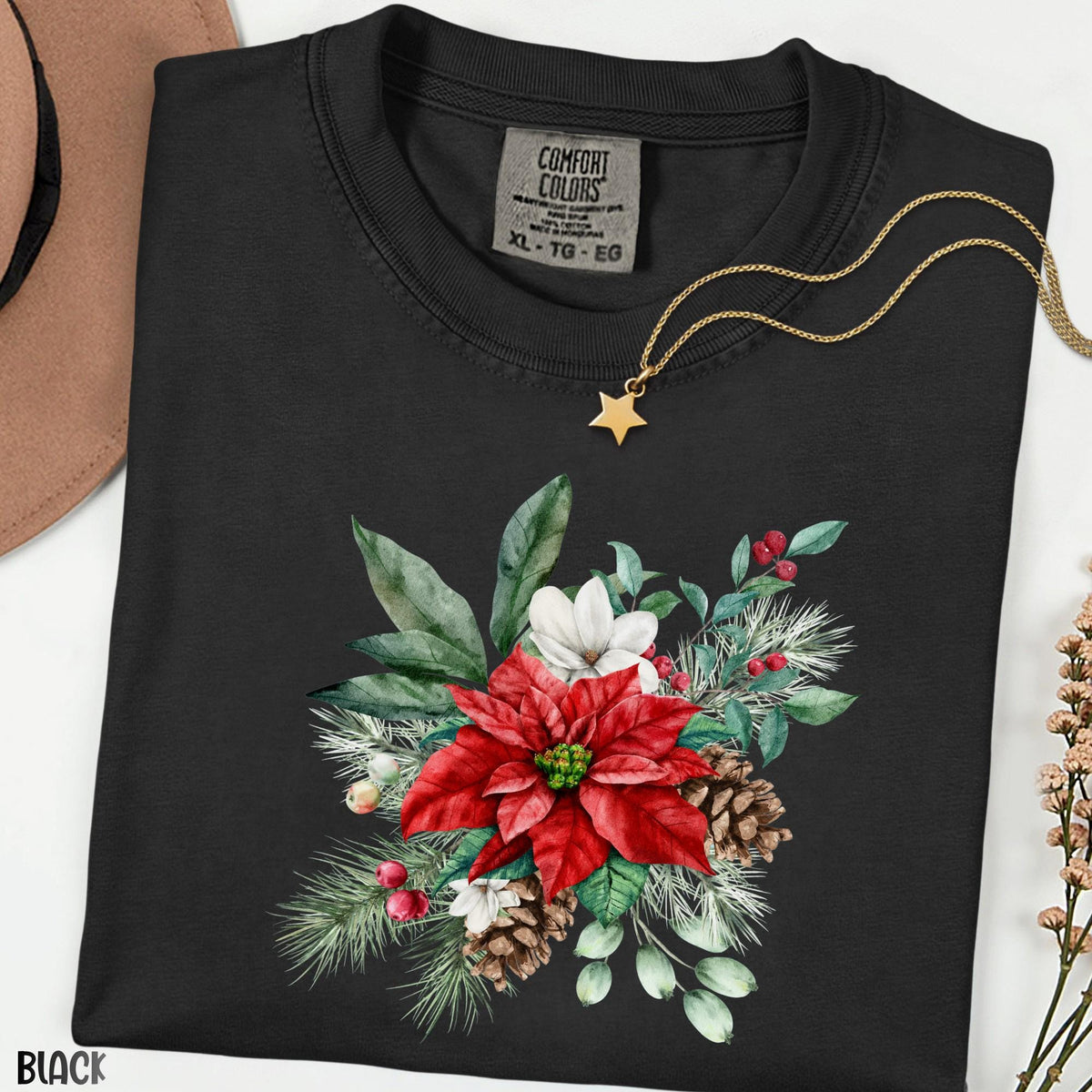 Christmas Floral Comfort Colors® Shirt, Family Christmas Shirt, Vintage Botanical Tee, Unisex Holiday Shirt, Christmas Gift for Women