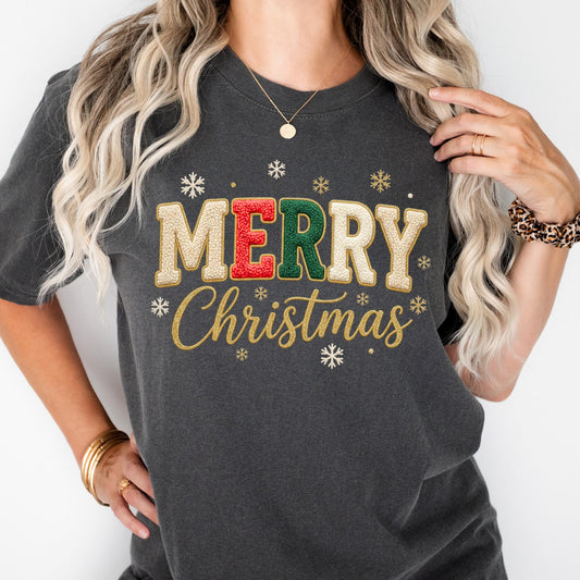 Comfort Colors® Embroidered Look Merry Christmas Shirt, Embriodery Look Xmas Gift Sweatshirt