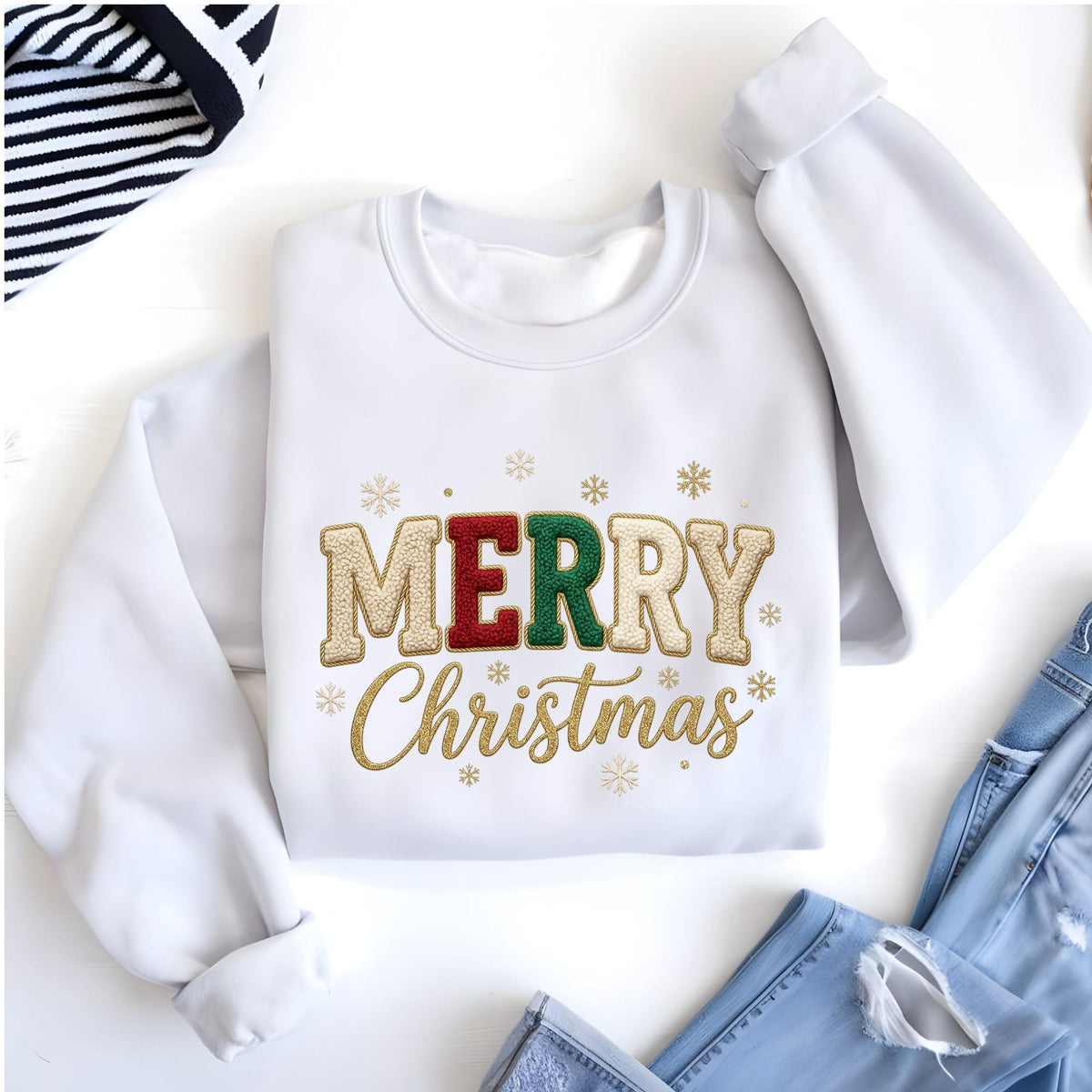 Comfort Colors® Embroidered Look Merry Christmas Sweatshirt, Embriodery Look Xmas Gift Shirt