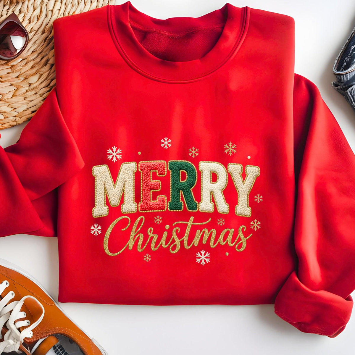 Comfort Colors® Embroidered Look Merry Christmas Sweatshirt, Embriodery Look Xmas Gift Shirt