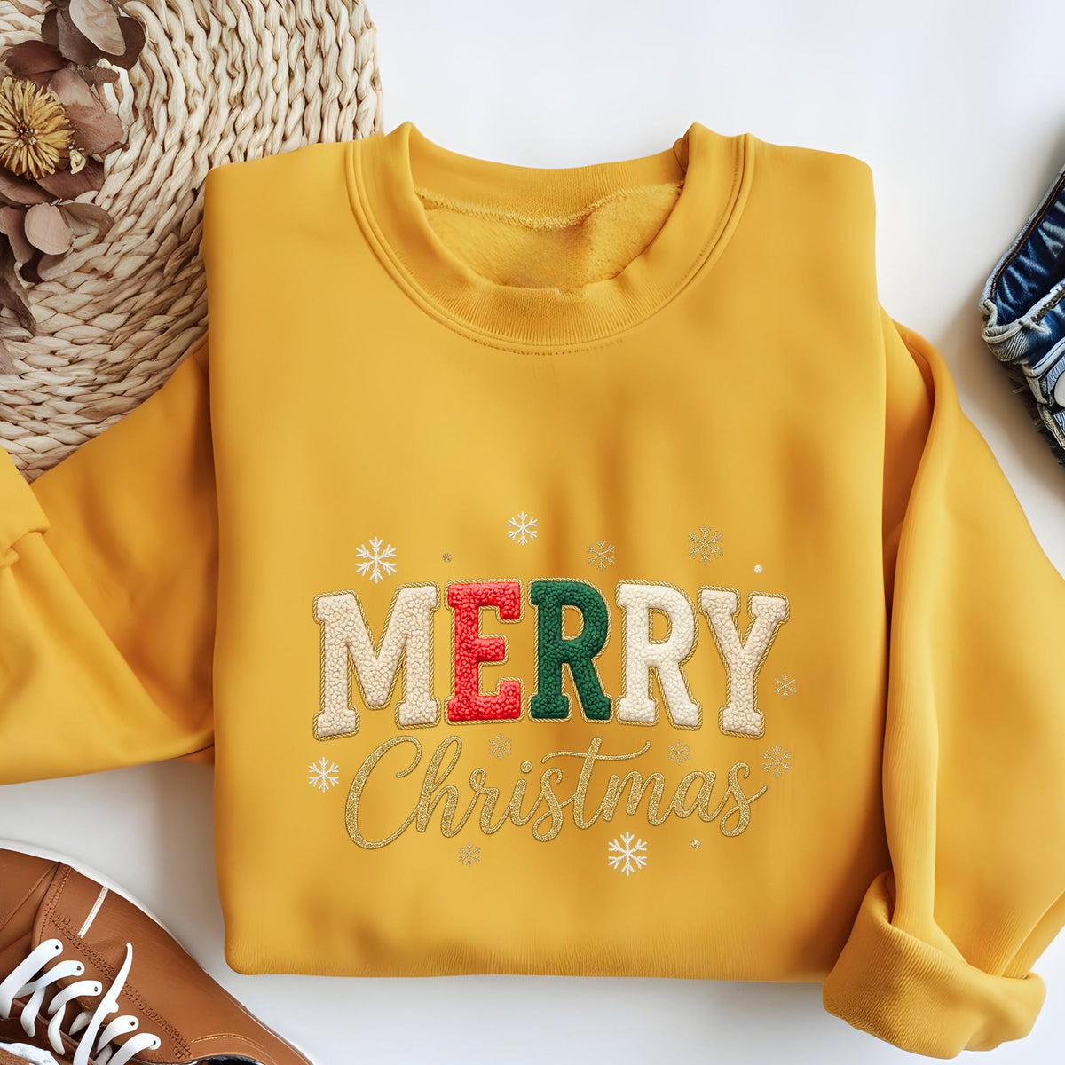 Comfort Colors® Embroidered Look Merry Christmas Sweatshirt, Embriodery Look Xmas Gift Shirt